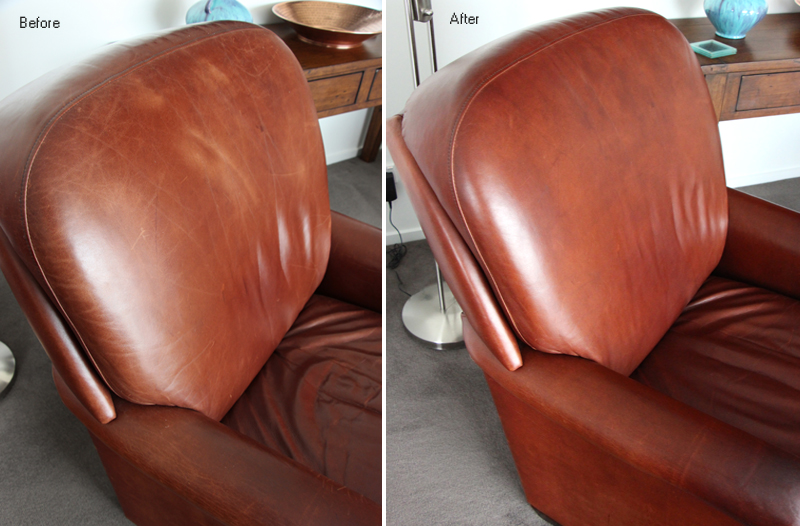 Close up example of pull-up leather chair cleaned and conditioned