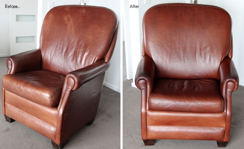 Before and after example of treated pull-up leather chair