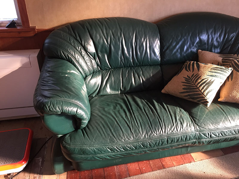 green leather couch